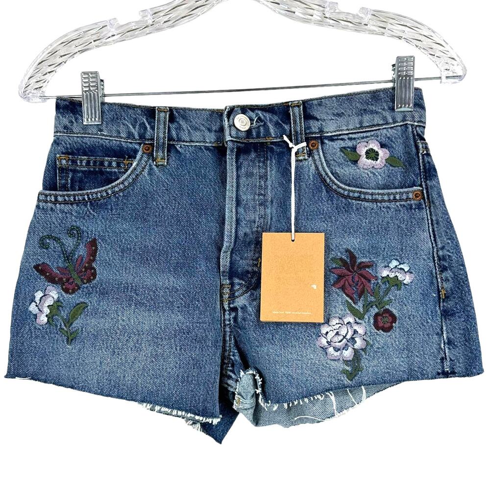 Reformation NWT Charlie High Rise Jean Shorts Fauna Embroidered Size 24 Cutoff